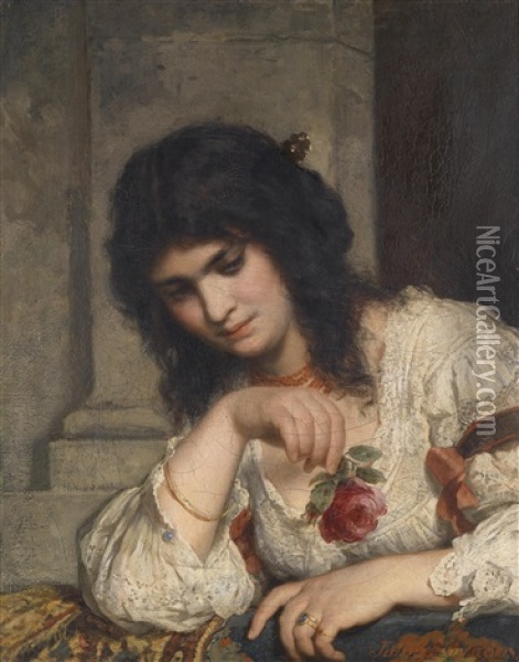 Dame An Der Brustung Mit Rose Oil Painting - Julius Friedrich Anton Schrader
