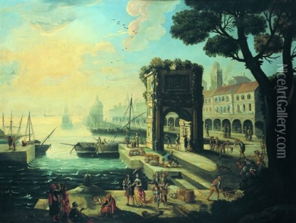 Marchands Deballant Leur Cargaison Dans Un Port Mediterranneen Oil Painting - Adriaen Van Der Cabel