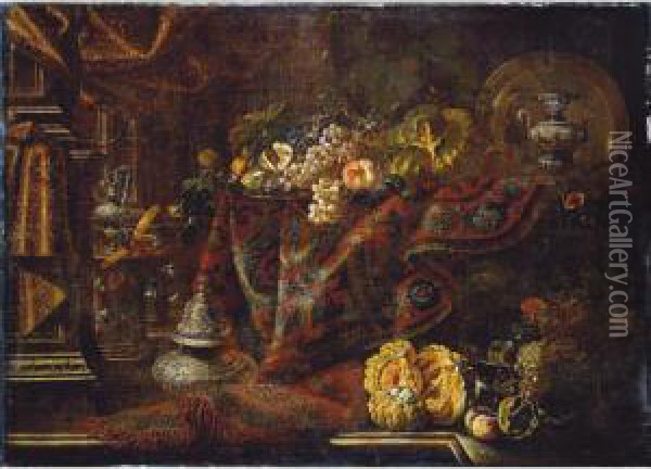 An Interior With A Fruit-laden 
Large Pewter Dish On A Table Draped With A Patterned Carpet; An Incense 
Burner, Melons And Other Fruit Arranged In The Foreground Oil Painting - Francesco (Il Maltese) Fieravino