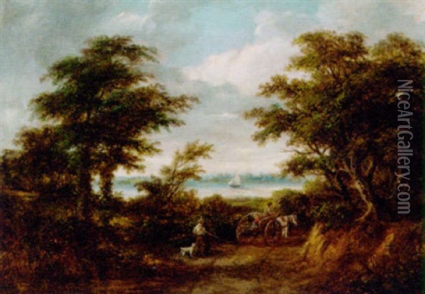 Figures In A Horse And Cart In A Wooded River Landscape Oil Painting - Robert Burrows