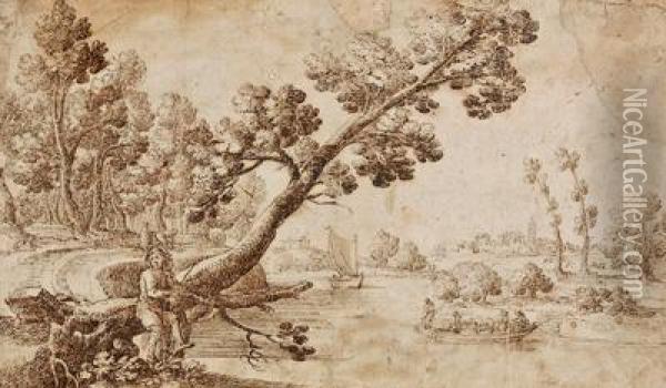Landschaft An Einem Flus Mit Einem Grosen Baum Im Vordergrund Oil Painting - Remigio Cantagallina