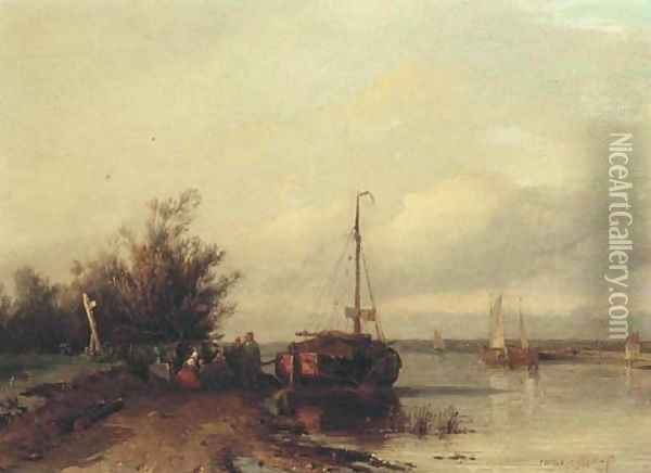 Figures resting on a riverbank by a moored sailing vessel Oil Painting - Jan Weissenbruch