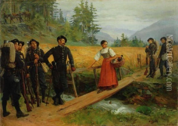 Chasseurs Alpins Und Das Bauernmadchens Mit Huhnern Am Holzsteg Oil Painting - Edouard Castres