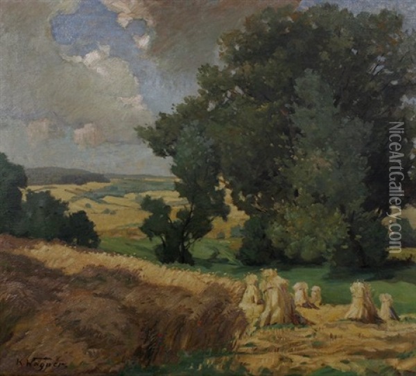 Weite Landschaft Mit Getreidefeldern Und Baumen An Einem Sommertag Mit Aufziehenden Wolken, Im Rechten Vordergrund Getreidehocken Oil Painting - Karl Wagner