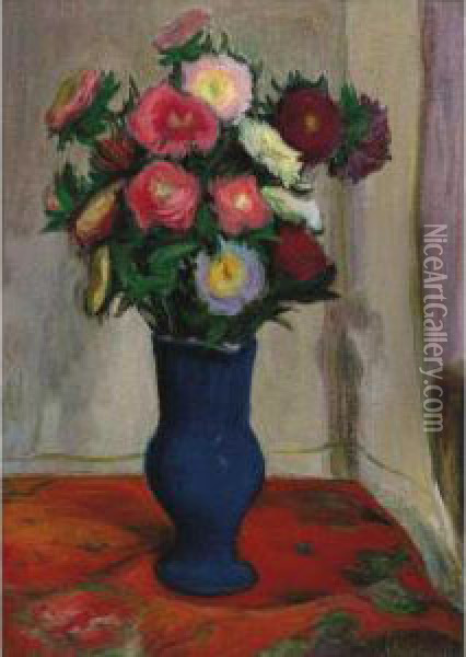 Bouquet De Fleurs Au Vase Bleu Oil Painting - Wladyslaw Slewinski
