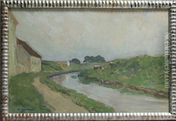 Weidende Kuhe Neben Kanallauf, Am Bildrand Bauerngehoft Oil Painting - Heinrich Schroeder