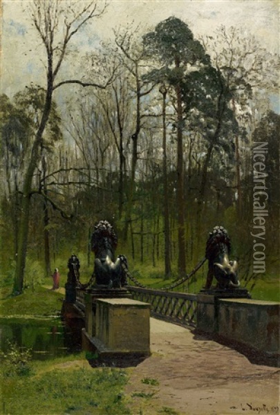 Die Lowenbrucke Im Tiergarten (berlin) Oil Painting - Louis Douzette