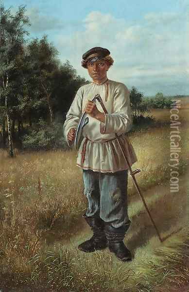 Portrait of a young Man with a Scythe Oil Painting - Russian School