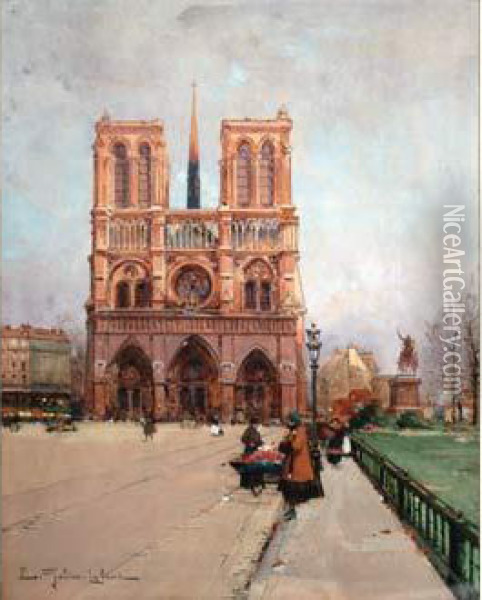 Ecole Francaise - Devant Notre Dame Oil Painting - Eugene Galien-Laloue