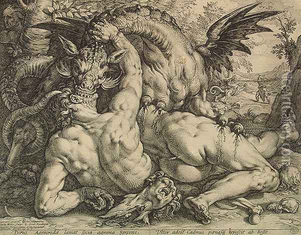 Dragon Devouring the Companions of Cadmus Oil Painting - Hendrick Goltzius