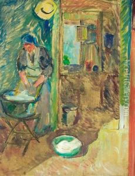 Interior With Woman Washing Clothes Oil Painting - Niels Hansen