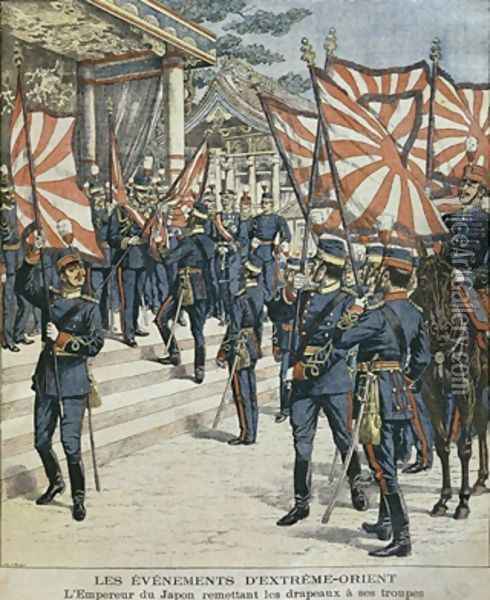 His Imperial Majesty Mutsuhito Emperor of Japan giving the flags to his troops, illustration from Le Petit Journal Supplement illustre 6th March 1904 Oil Painting - P.H.G.V. Michel