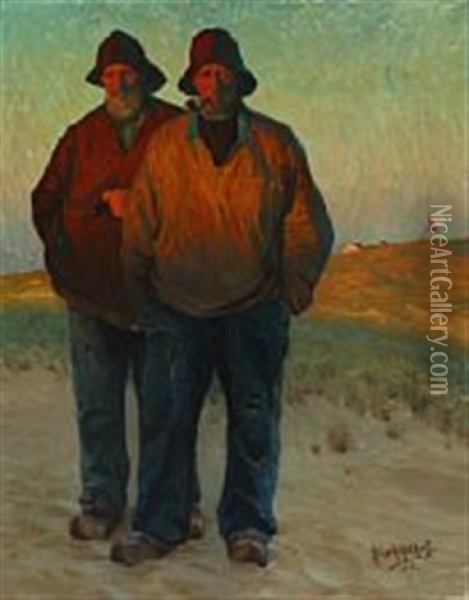 Two Fishermen In The Dunes, Skagen Oil Painting - Heinrich Hellhoff
