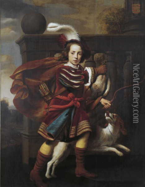 Portrait Of A Young Boy As A Hunter With His King Charles Spaniel Oil Painting - Cornelis Bisschop