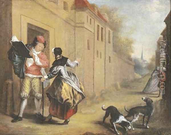 An elegant couple conversing in a town street Oil Painting - Cornelis Troost