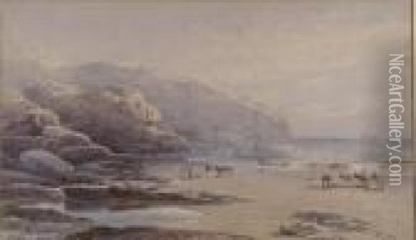 Figures On Thebeach At Low Tide Oil Painting - William Henry Pike