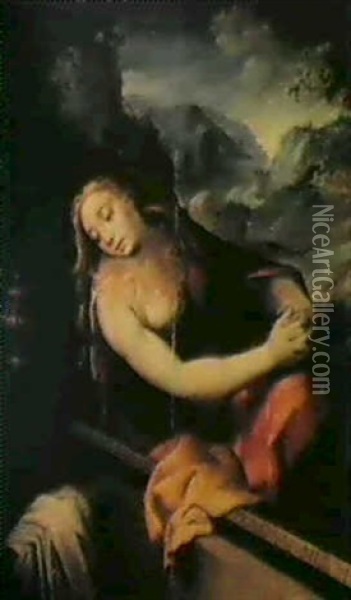 La Maddalena In Meditazione Presso Il Sepolcro Vuoto, Con   Ampio Paesaggio A Destra Oil Painting - Marco da Siena Pino