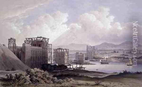 Britannia Tubular Bridge over the Menai Straits, taken during construction in 1848, lithograph by Day and Son, 1848 Oil Painting - Russell, S.