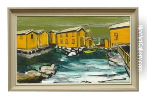 Kustlandskap Med Sjobodar Oil Painting - Gunnar Loeberg