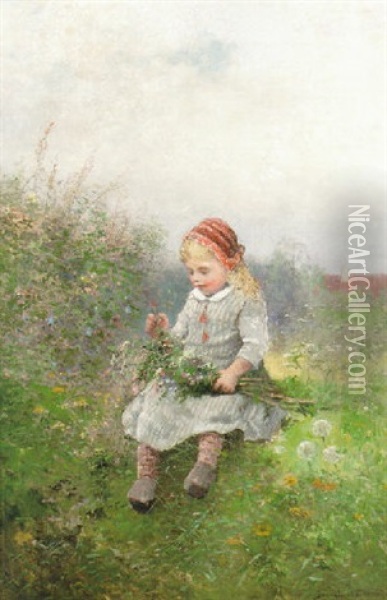 Flicka Med Blomsterbukett Pa Sommarang Oil Painting - Johan Severin Nilsson