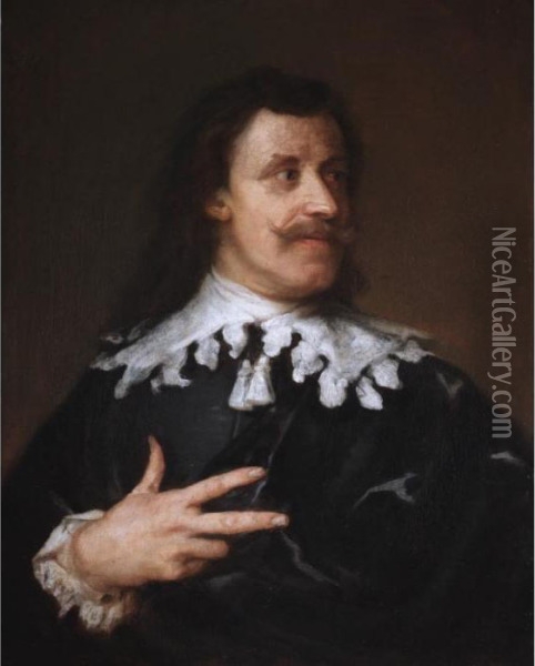 Portrait Of A Gentleman, Head And Shoulders, Wearing Black With A White Ruff Oil Painting - Sir Anthony Van Dyck