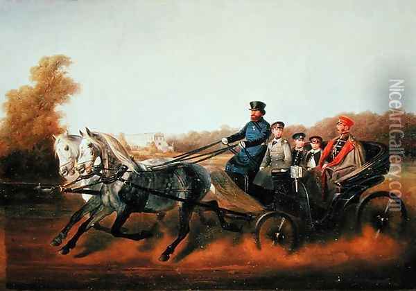 Tsar Alexander II 1818-81 Driving with his Sons in Zarskoje Selo, 1850s Oil Painting - Nikolai Egorovich Sverchkov