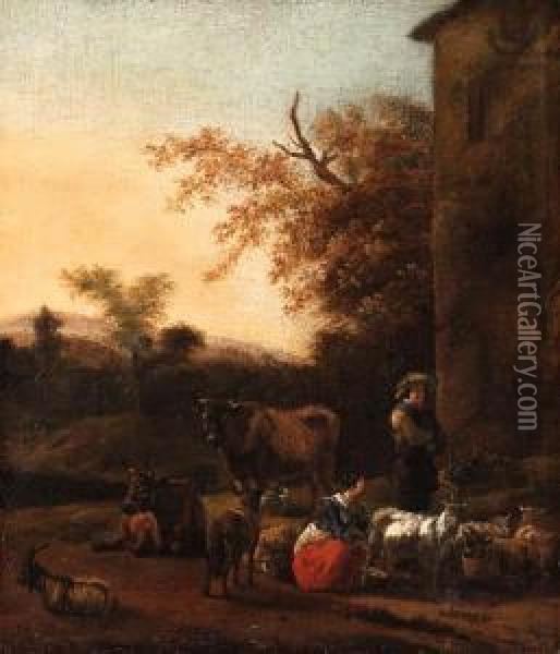 An Italianate Landscape With A Milkmaid And A Herdsman Beside Avilla Oil Painting - Dirk van Bergen