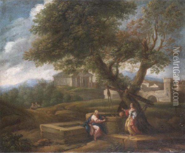 A Classical Landscape With Christ And The Woman Of Samaria Oil Painting - Jan Frans Van Bloemen (Orizzonte)