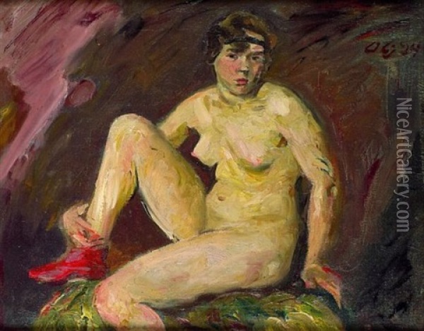 Sitzender Weiblicher Akt Mit Rotem Strumpf Oil Painting - Otto Gussmann