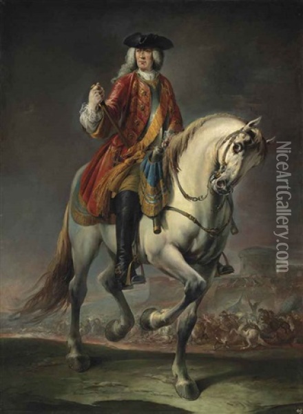 Equestrian Portrait Of Field Marshal Count Johann Matthias Von Der Schulenburg, Full-length, In A Red Coat And A Breastplate, On A Grey Mare, Before A Siege Oil Painting - Giuseppe Nogari