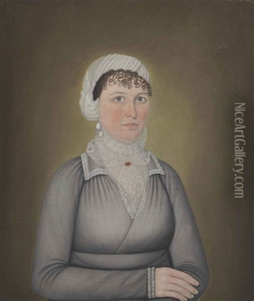 Woman In Gray Dress, Possibly Dated 1814 Oil Painting - John Brewster Jr.