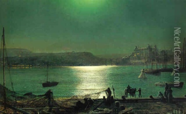 Scarborough Bay By Moonlight Oil Painting - John Atkinson Grimshaw