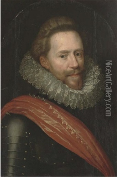 Portrait Of A Gentleman In Armour With A Red Sash Oil Painting - Michiel Janszoon van Mierevelt