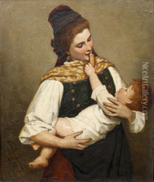 A Crust Of Bread (portrait Of A Mother And Child) Oil Painting - Auguste Ludwig