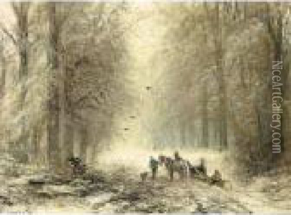 Wood Gatherers In The Haagse Bos In Winter Oil Painting - Louis Apol