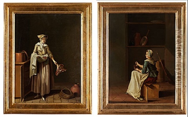 Qvinna Kommer In Med En Lambstek (+ Qvinna Stoter I Mortell; Pair) Oil Painting - Pehr Hillestroem