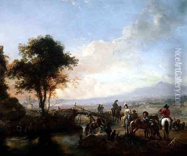 River landscape with travellers by a bridge Oil Painting - Philips Wouwerman