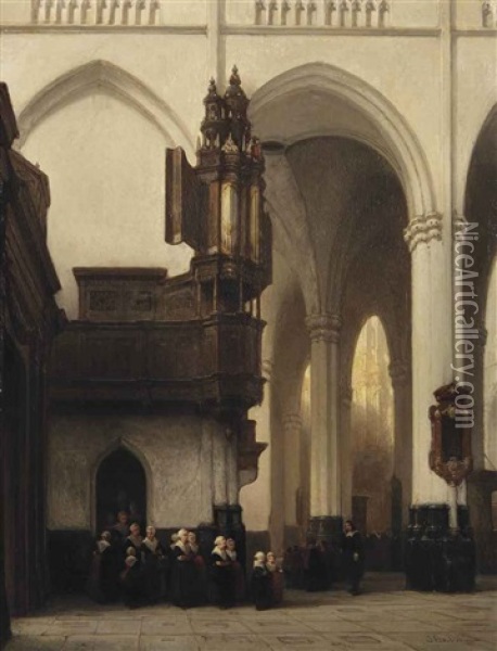 The Interior Of The Nieuwe Kerk In Amsterdam With Burgerweesmeisjes Near The Transept Organ Oil Painting - Johannes Bosboom