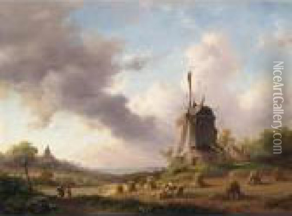 A Summer Landscape With Harvesting Farmers Near The Windmill Of Evere ( Oil Painting - Frederik Marianus Kruseman