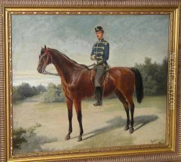 Portrait Of A Young Cavalry 
Officer On A Bay Mount, Bears Signature And Dated 'richter 1859' Oil Painting - Wilhelm Richter