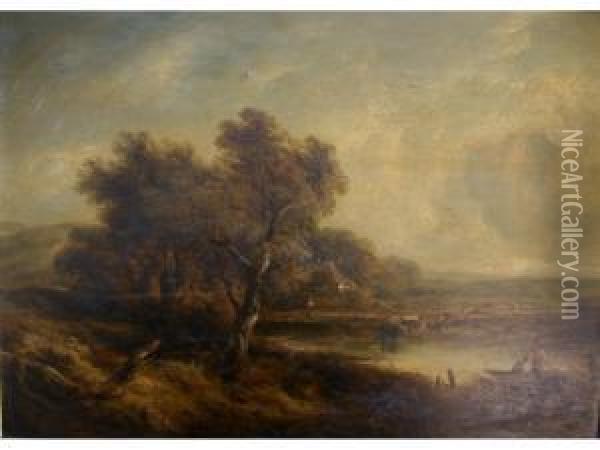 On The Medway: Country Landscape With Figures In A Punt, Cattlewatering Oil Painting - Richard Hilder