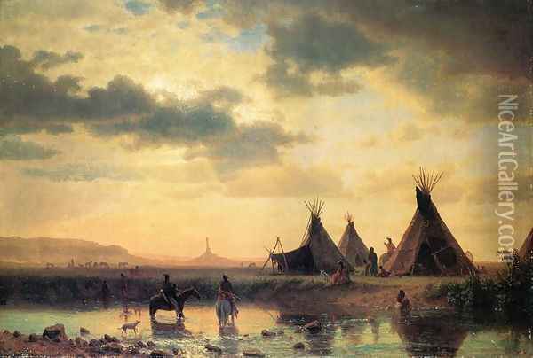 View of Chimney Rock, Ogalillalh Sioux Village in Foreground Oil Painting - Albert Bierstadt