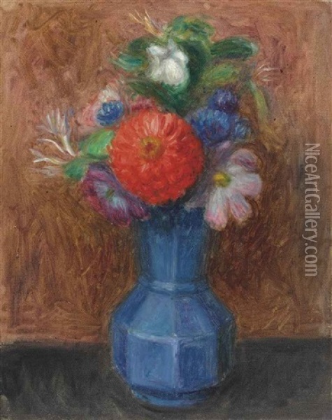 Flowers In Blue Octagonal Vase Oil Painting - William Glackens