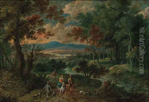 A wooded mountainous landscape with travellers on horseback with hunting dogs Oil Painting - Pieter Gysels