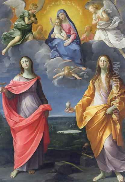 Madonna and Child with St. Lucy and Mary Magdalene, called the Madonna of the Snow, c.1623 Oil Painting - Guido Reni