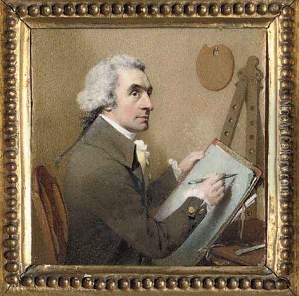 A Self-portrait Of The Artist, Seated At His Drawing Board Holding A Pencil; Easel And Palette In Background Oil Painting - William Pether