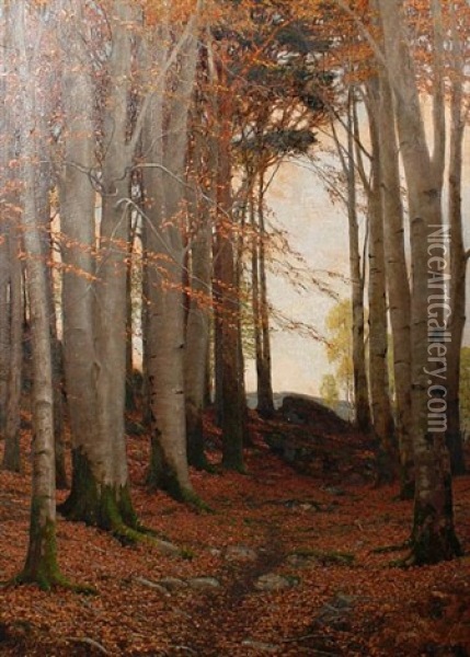 After Sundown, In A Welsh Beech Wood Oil Painting - James Thomas Watts