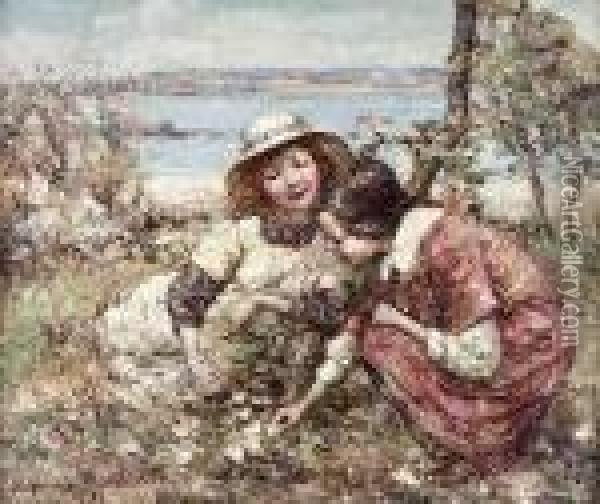 Two Girls Picking Flowers, Brighouse Bay Oil Painting - Edward Atkinson Hornel