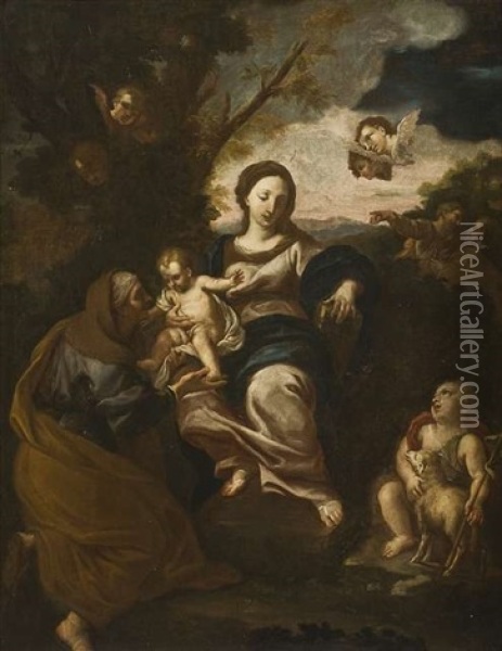Die Madonna Mit Dem Christusknaben, Der Heiligen Elisabeth Und Dem Tauferknaben Vor Landschaftshintergrund Oil Painting - Carlo Maratta