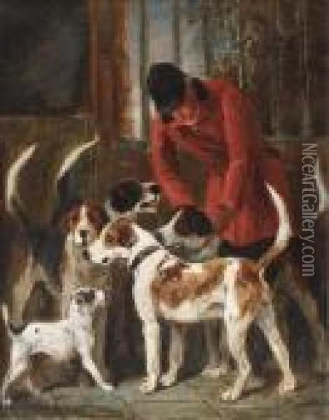 A Huntsman With Hounds And A Terrier By A Kennel Door Oil Painting - John Emms